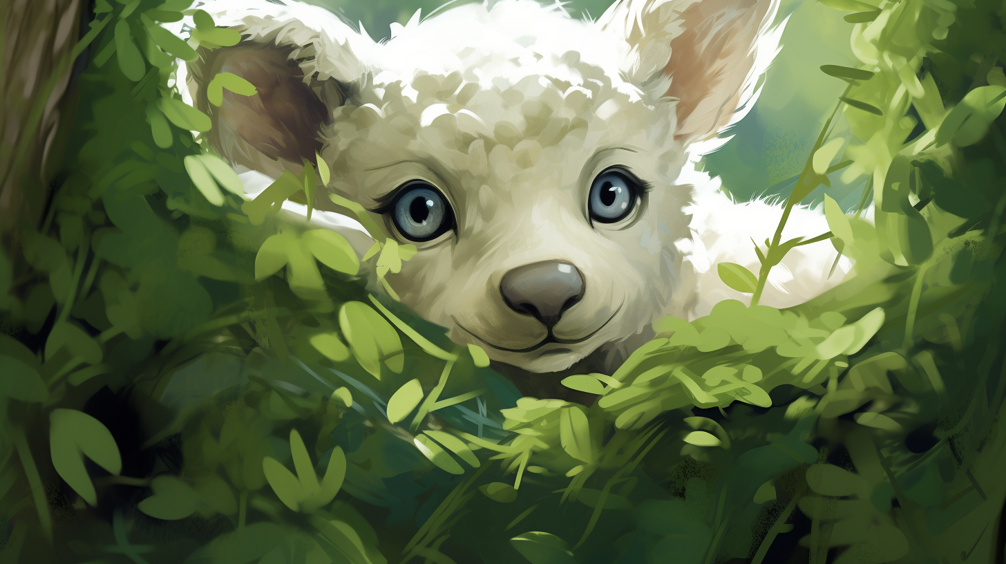 Sad lamb hiding under bush