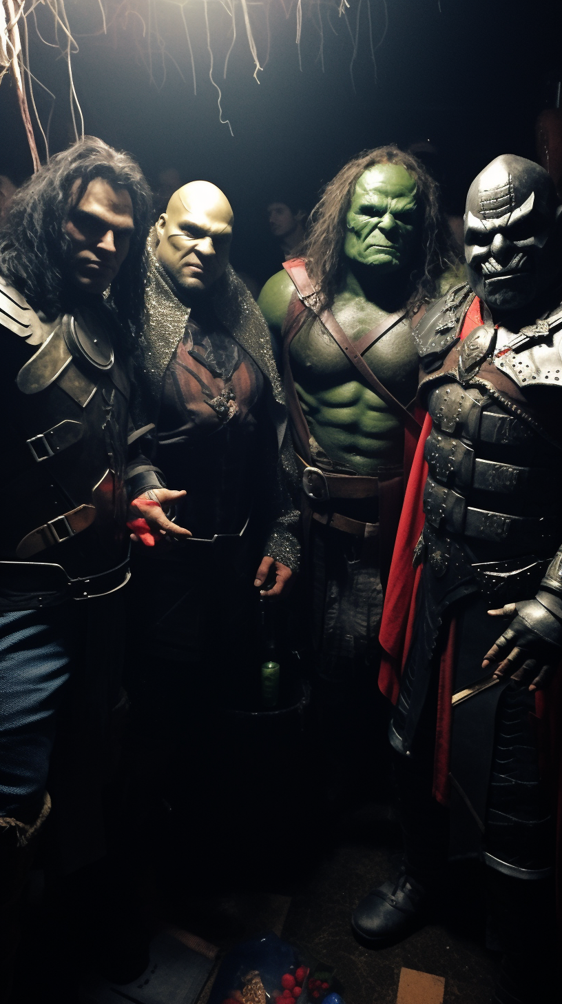 Orcs dressed as superheroes at Halloween party