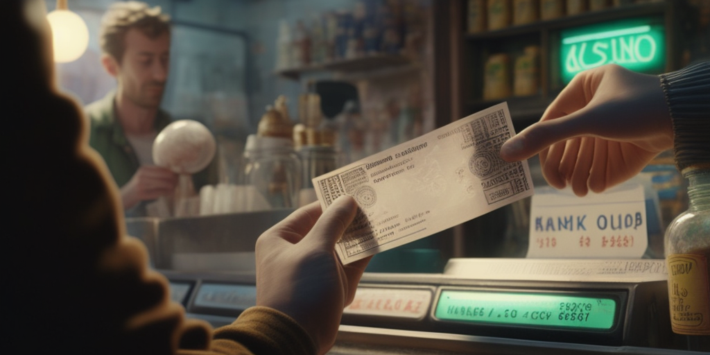 Close-up of lottery ticket being handed in bodega