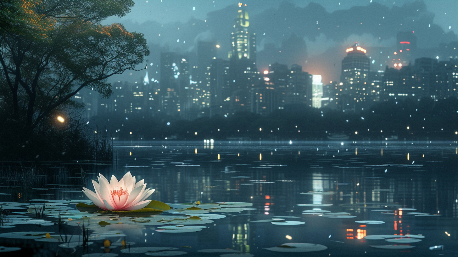 Lotus flower floating on pond with cityscape contrast