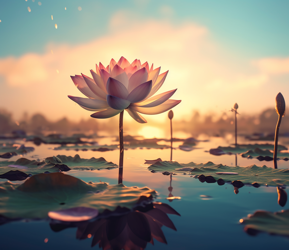 Fully opened lotus flower on calm water