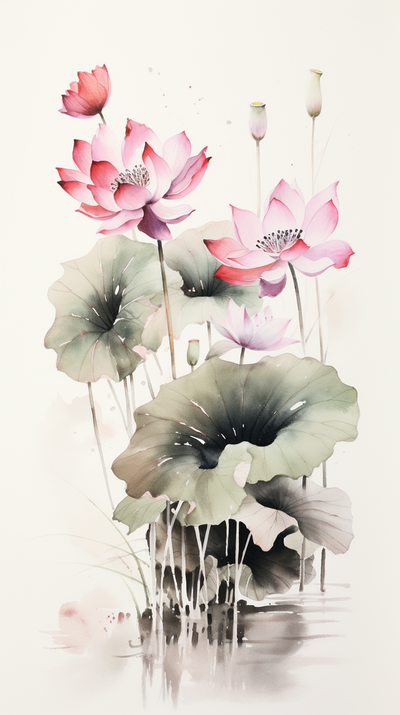 Lotus Ink Painting Leaves Splashing