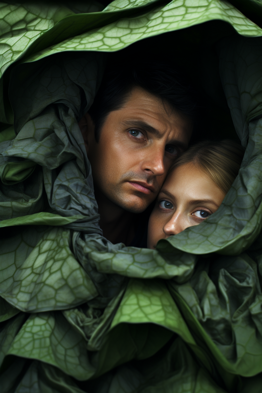 Couple immersed in lotus leaf serenity