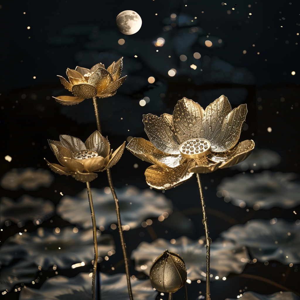 Lotus Pond Night with Moon