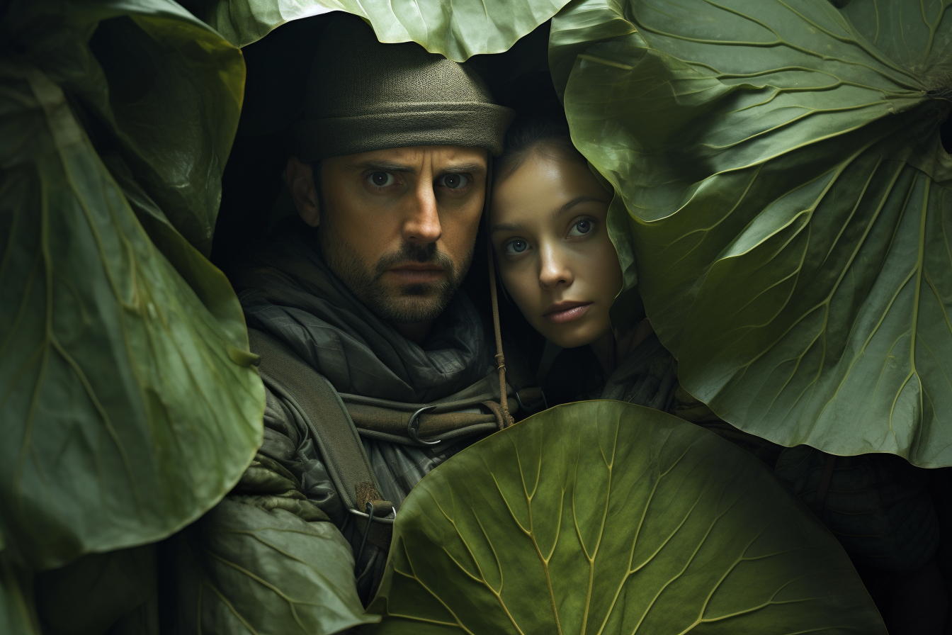 Man and woman wrapped in lotus leaves