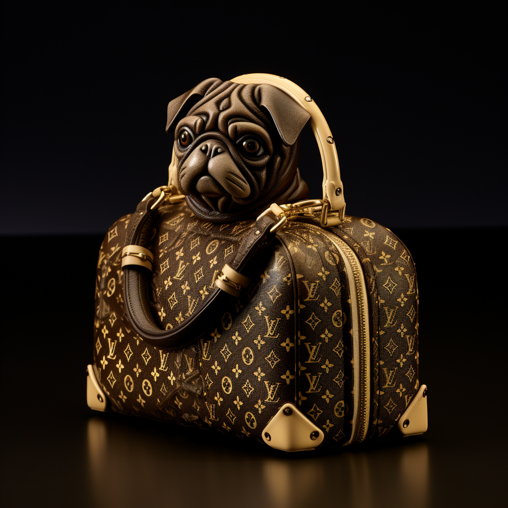 Adorable pug dog with Louis Vuitton accessories