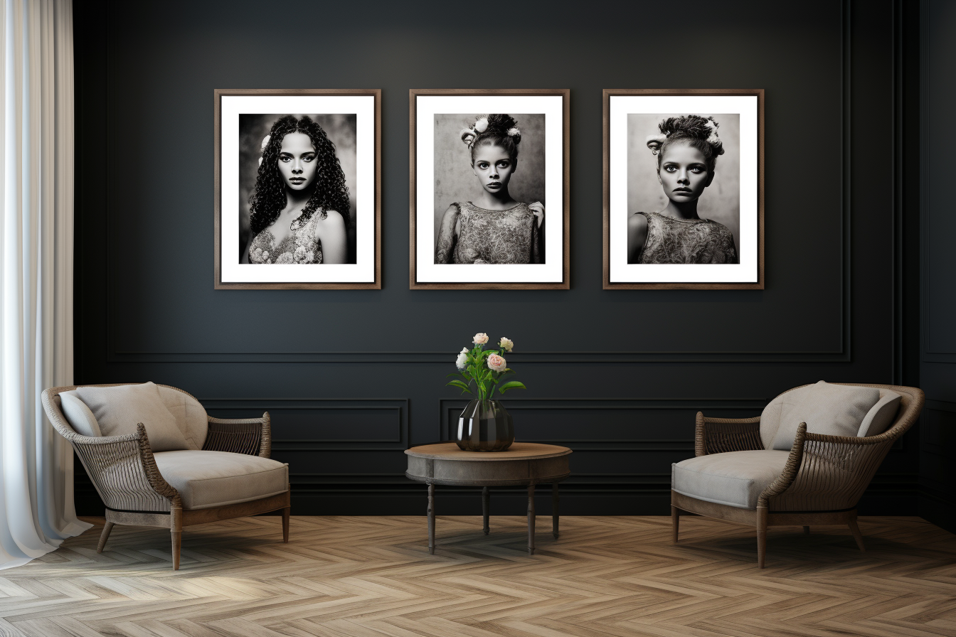 Black framed family portraits on lounge wall