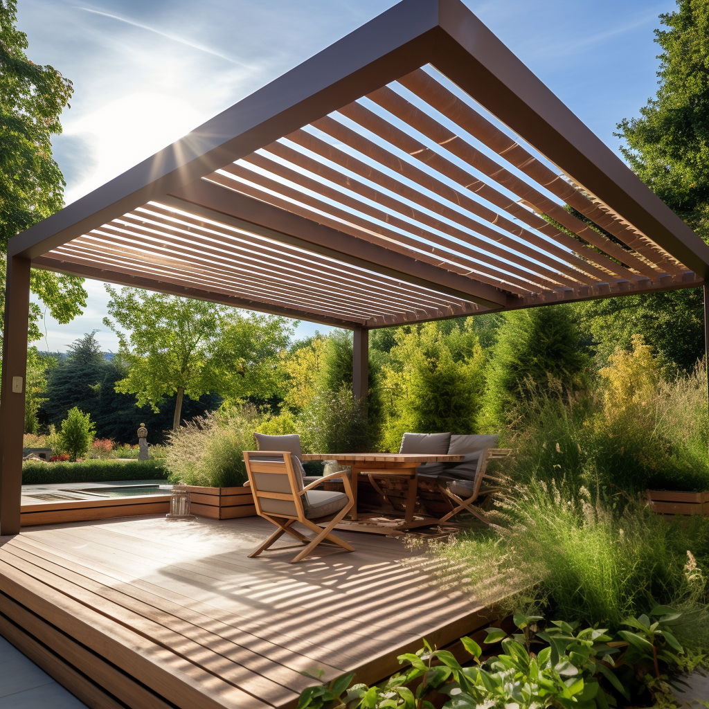 Modern louvered pergola providing outdoor shade solution