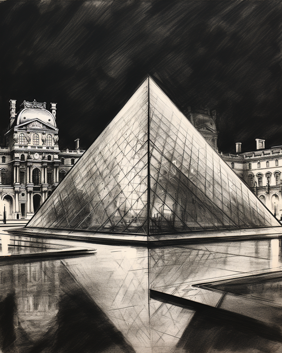 Expressionist charcoal sketch of Louvre Pyramid at night