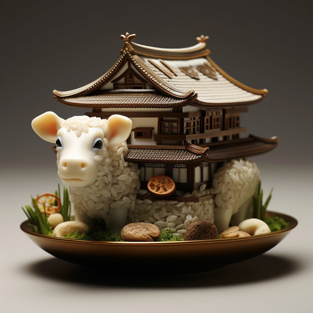 Japanese house with cow and rice