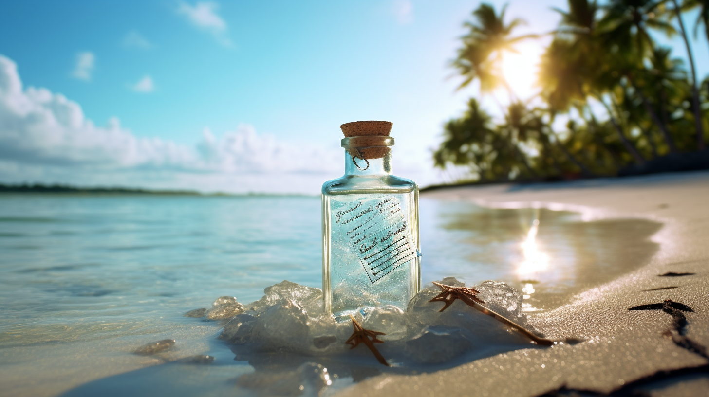 Love letter inside bottle on sand and water