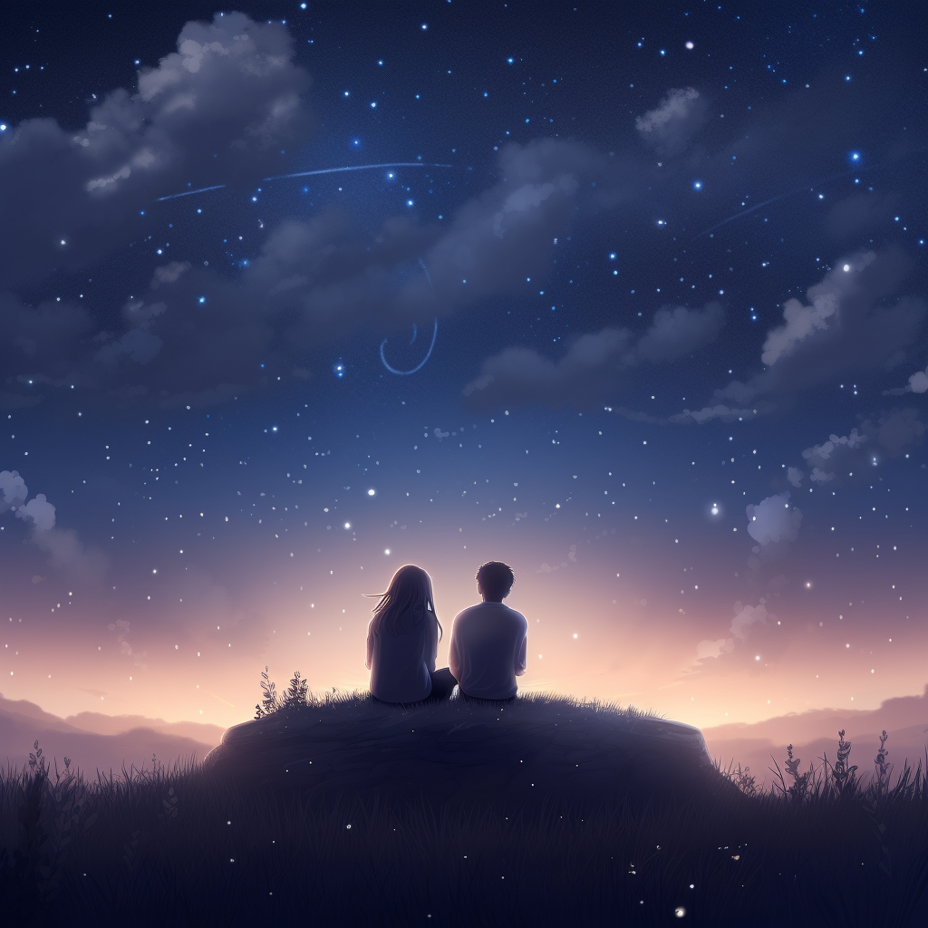 Love couple looking at sky and shooting stars