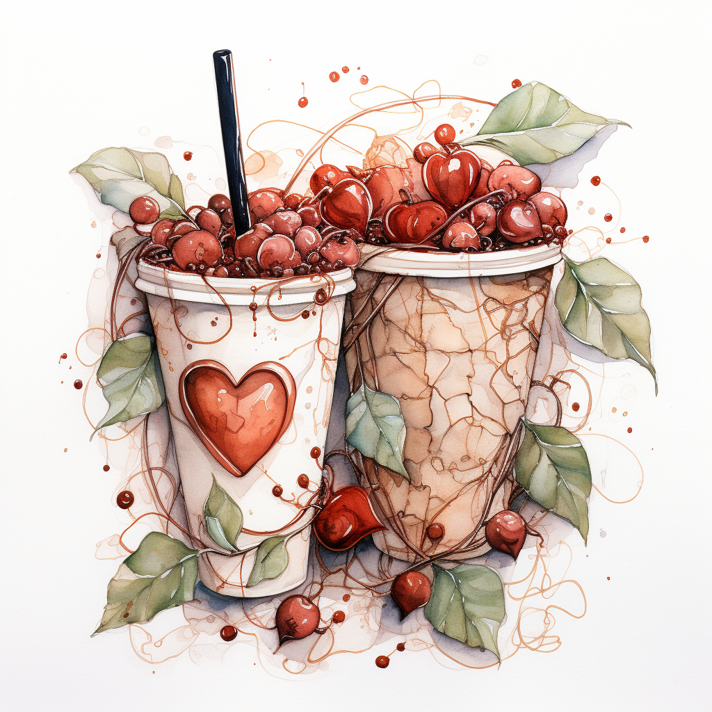 Sketch of love, starbucks lattes, and leaves