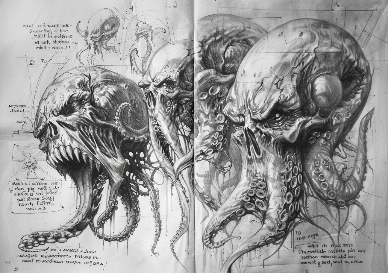 Lovecraftian monster sketches with anatomical notes