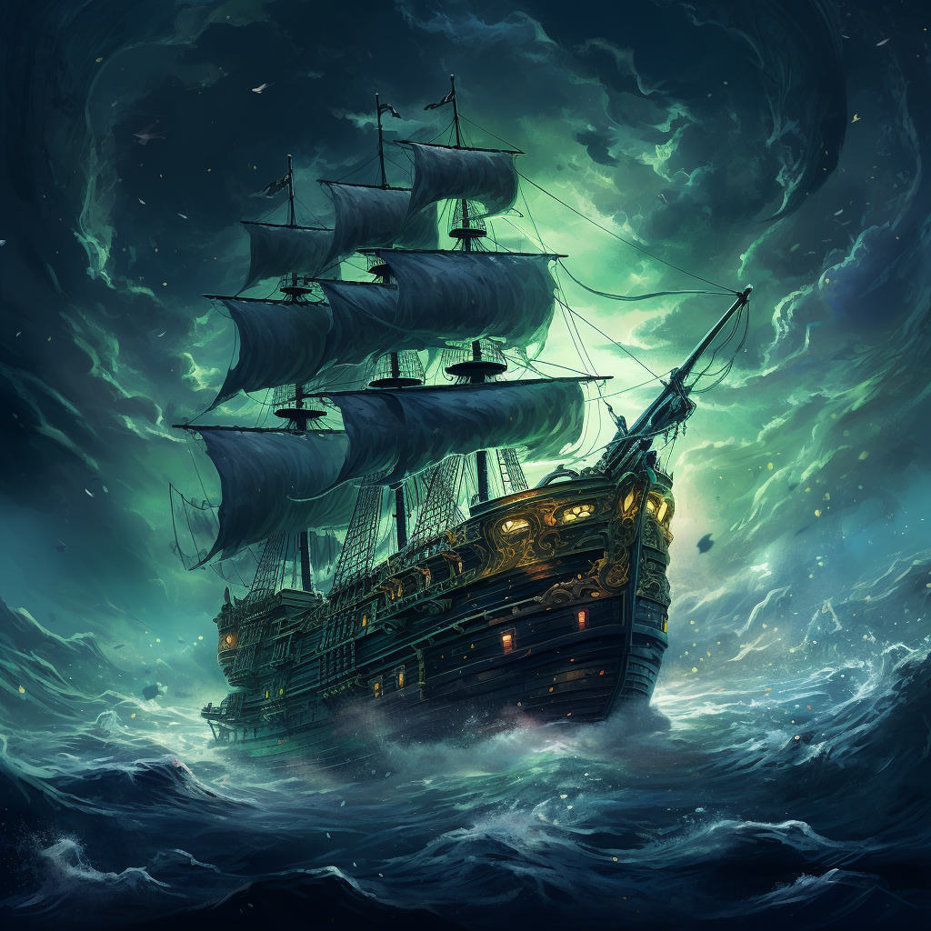 Scary Lovecraftian Pirate Ship Sailing Cosmic Ocean