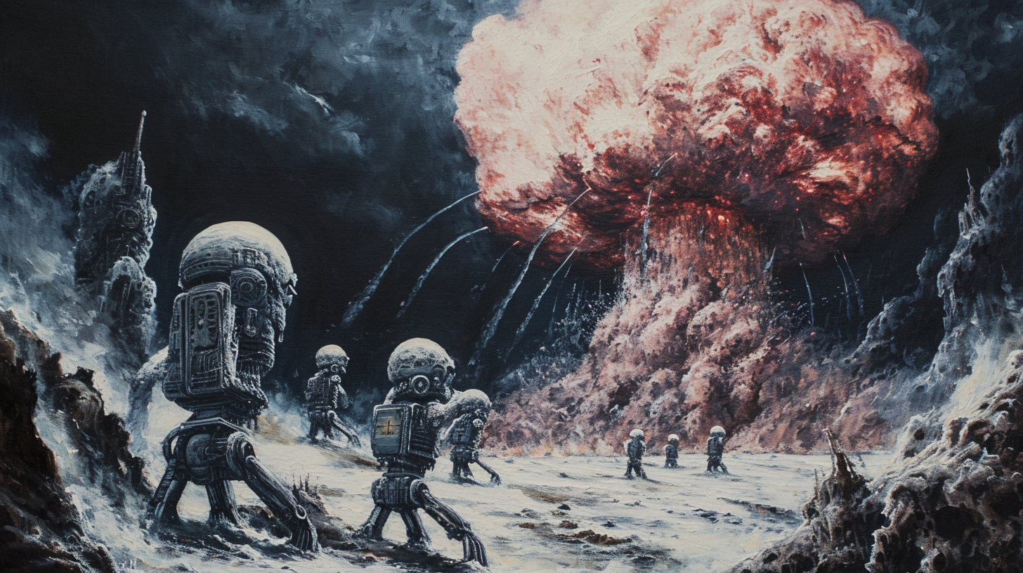 Lovecraftian robot army explosion artwork