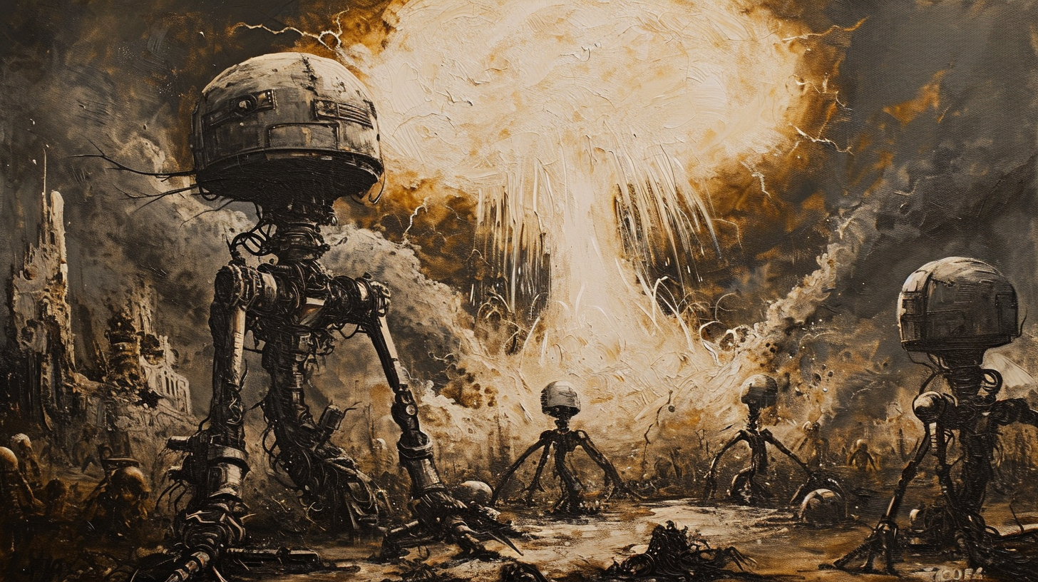 Broken Lovecraftian Robots Rusting and Nuclear Bomb Explosion