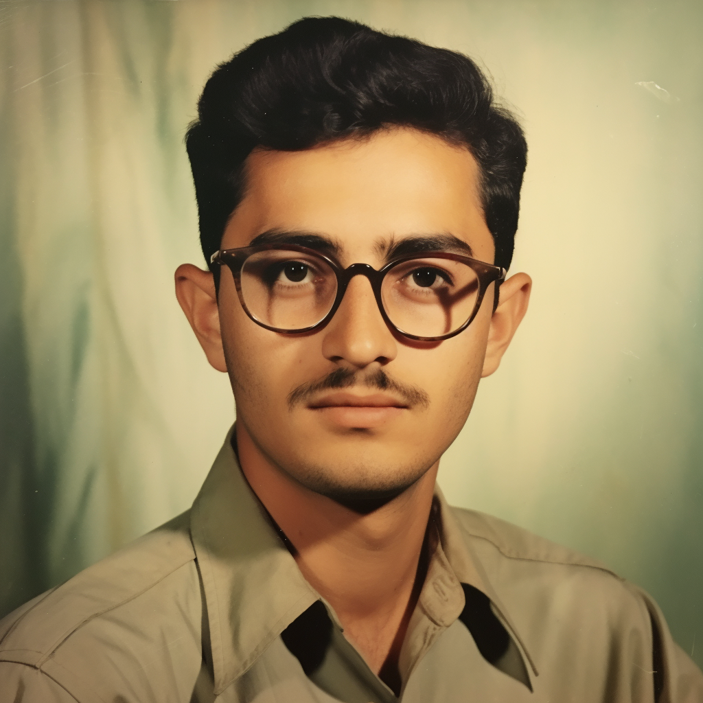 Iraqi father with white skin, brown eyes, black hair, and glasses