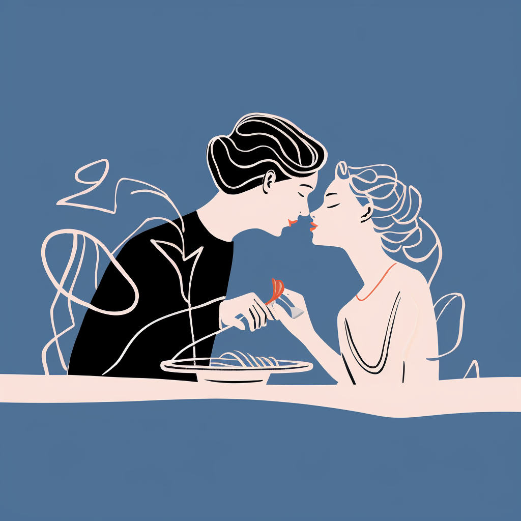 Two lovers kissing while eating cake