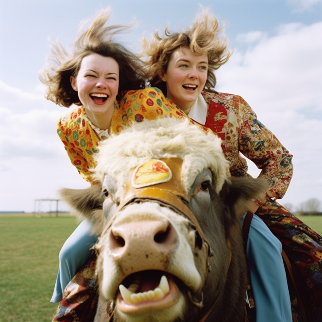 Playful image of couple riding hairy bull