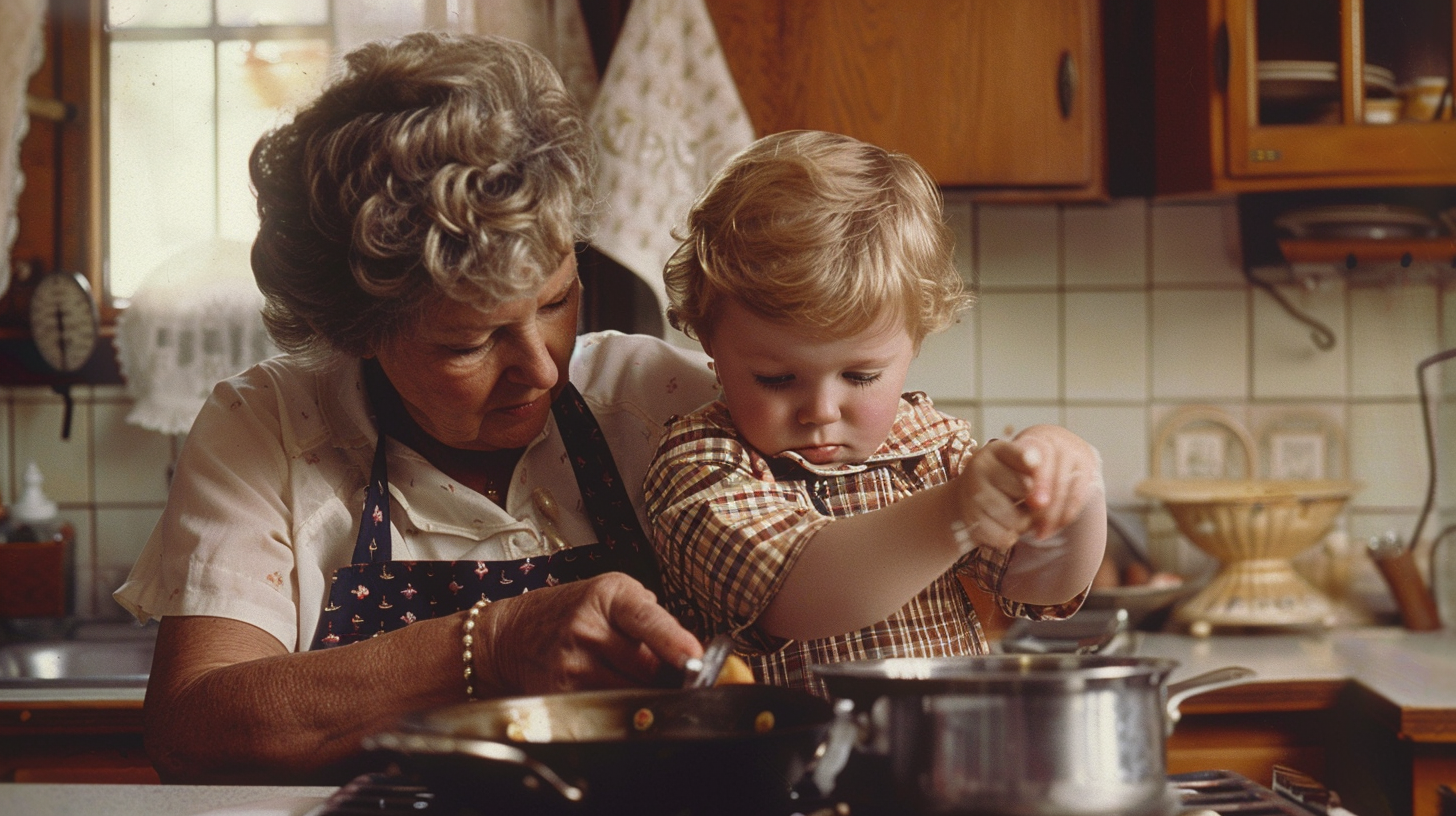 Loving grandmother teaching grandson cooking