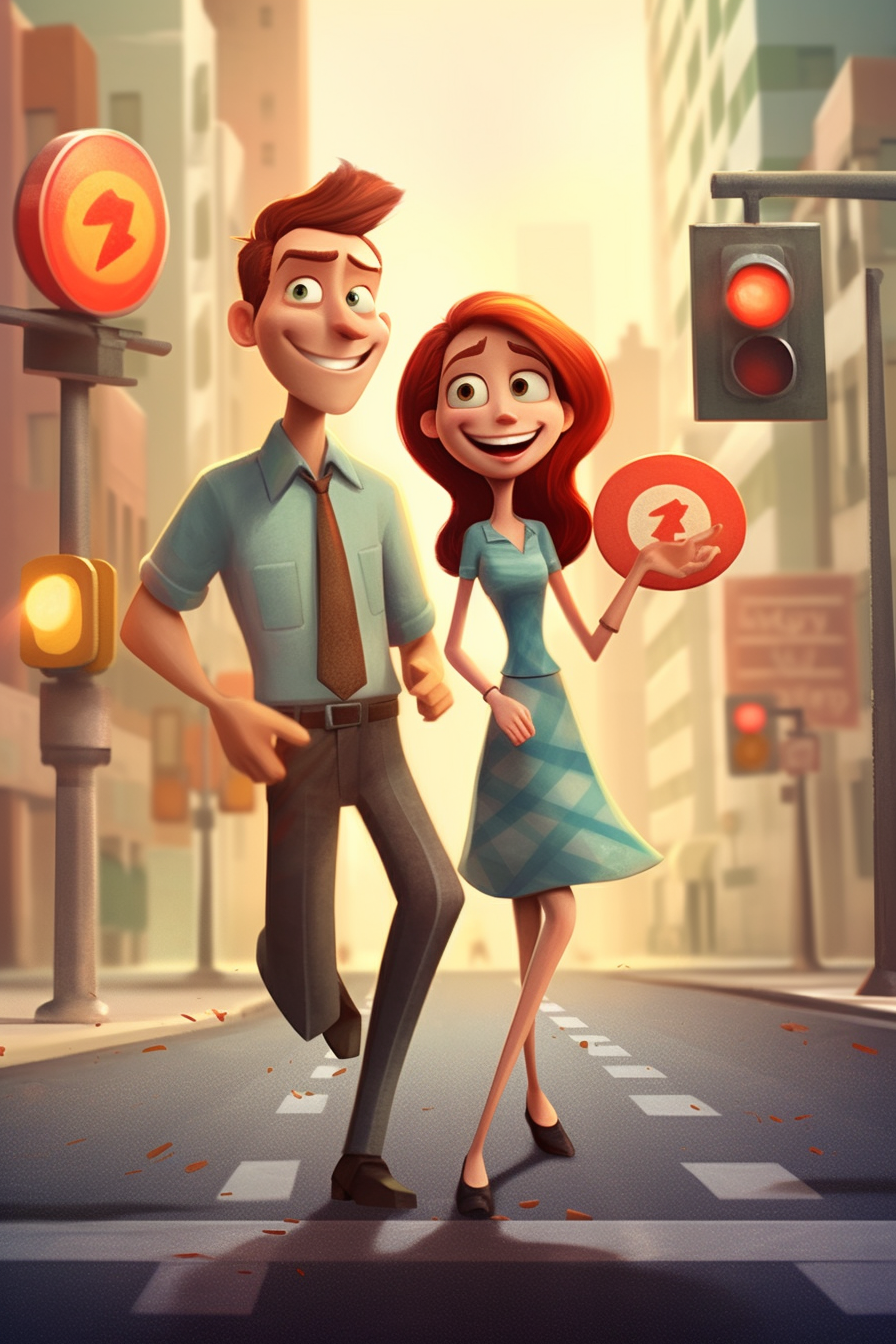 Smiling couple walking in Pixar style