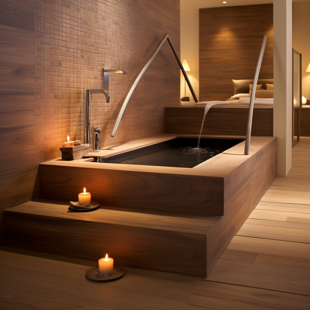 Wood finish bathtub on floor