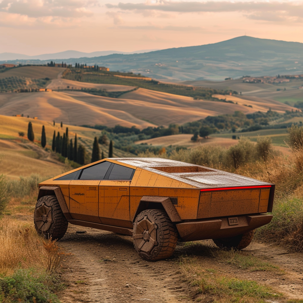 Terracotta Cybertruck in Tuscan Hillside