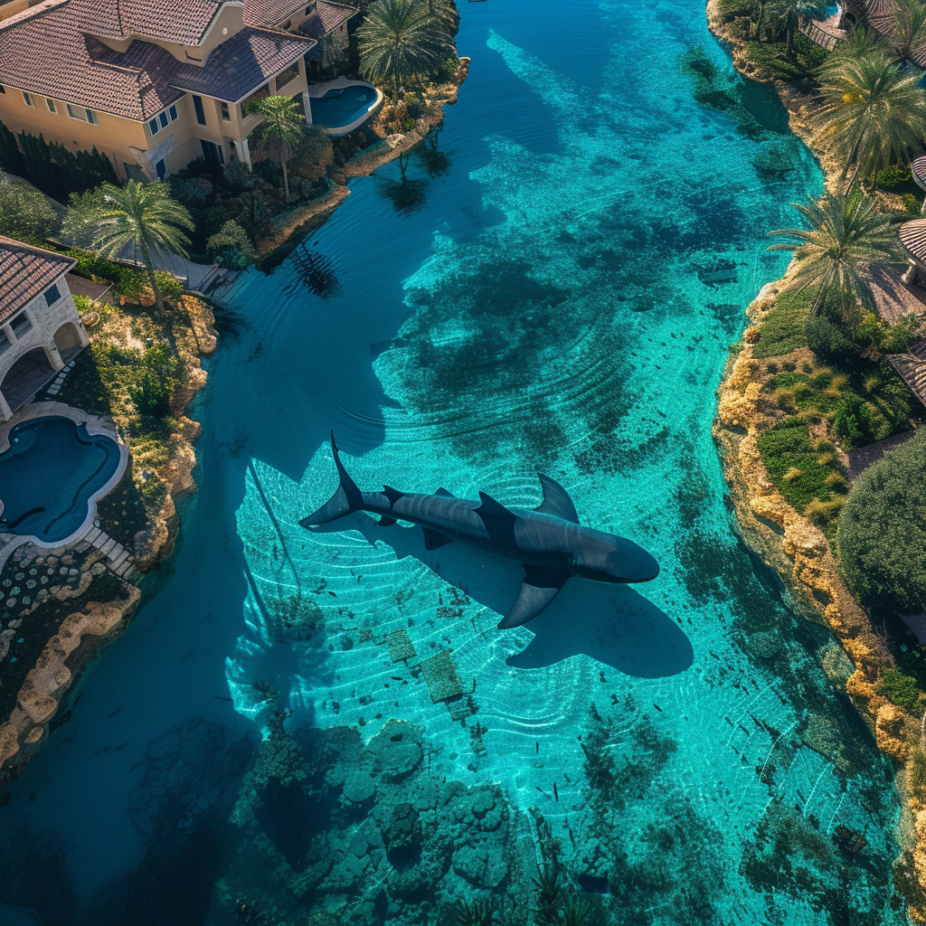 Aerial shot of lagoon with shark near homes