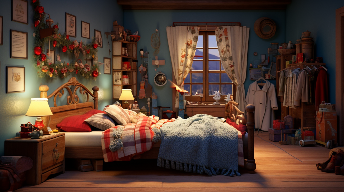 bedroom with christmas stockings at night