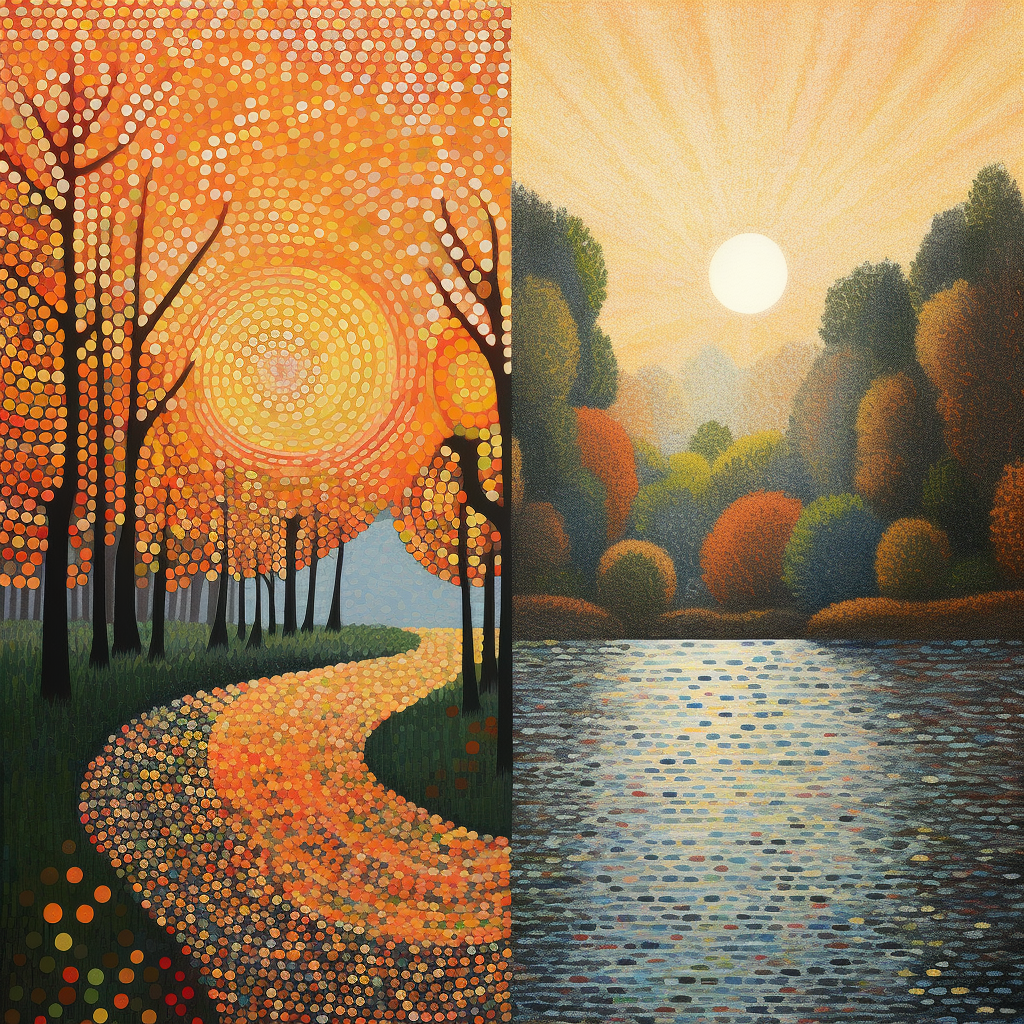 Nature scene with pointillism-inspired geometric shapes