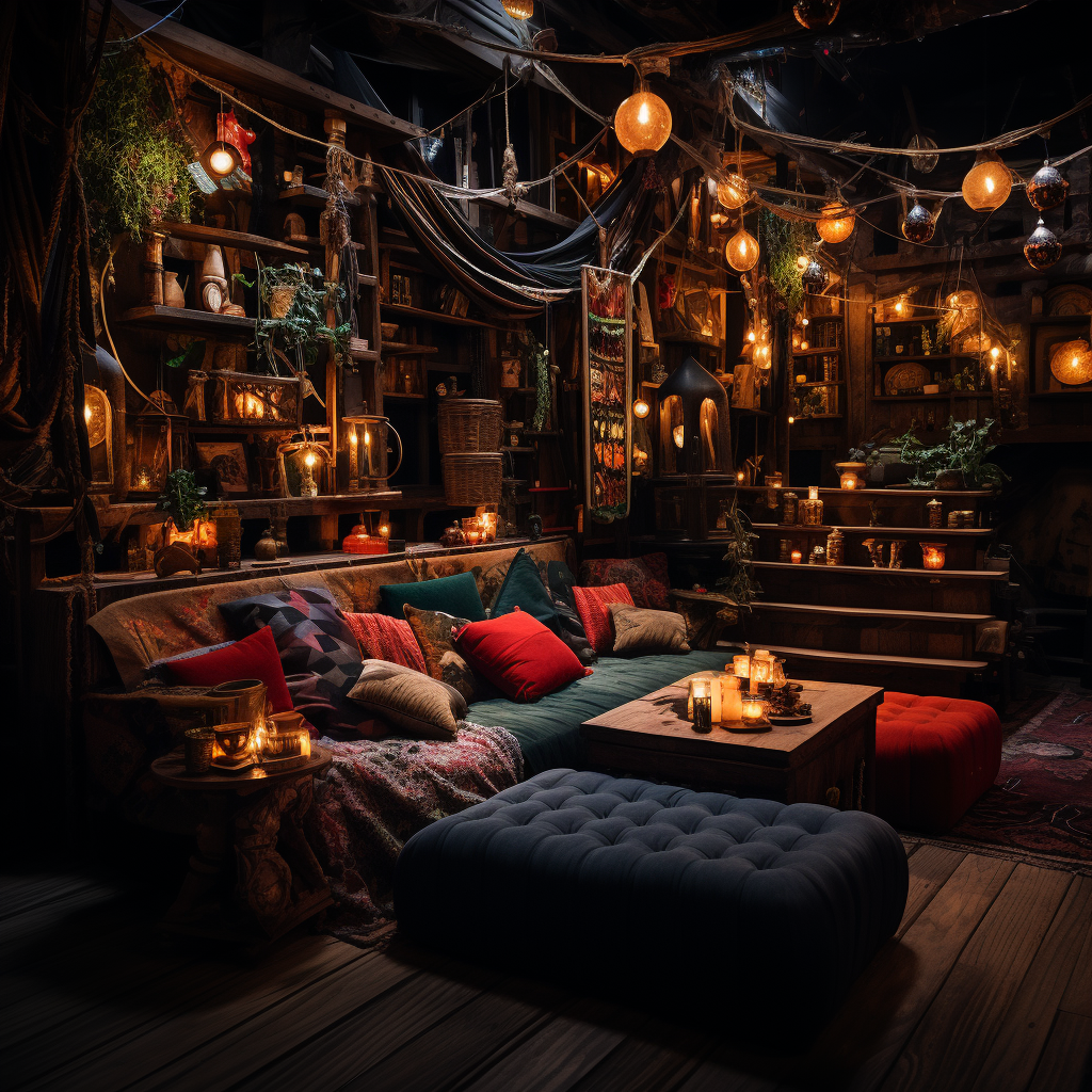 Fantasy Speakeasy with Plush Cushions and Tapestries