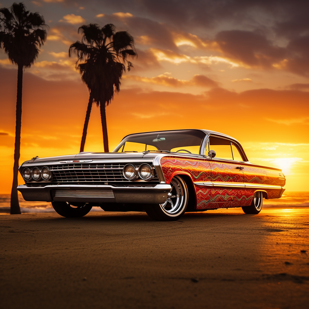 Lowrider car at sunset on California beach