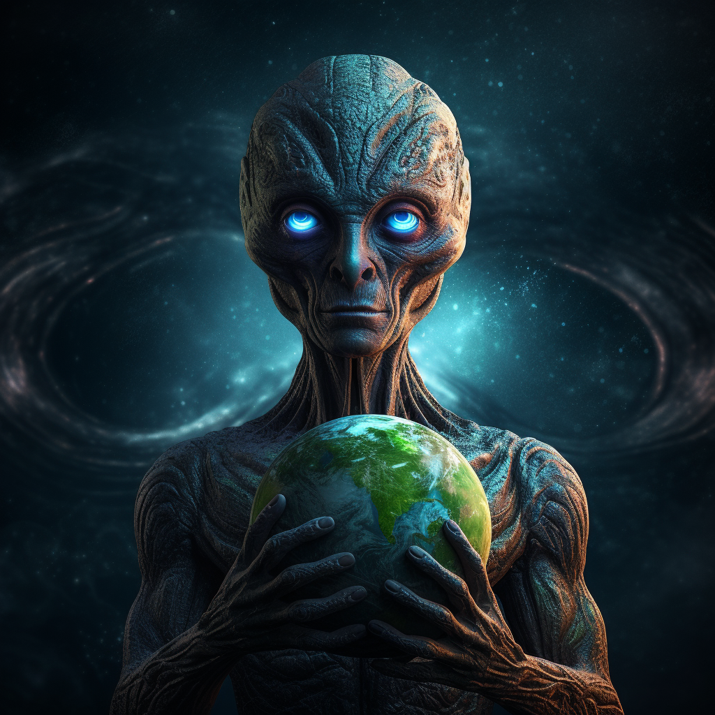 Psychedelic alien holding Earth