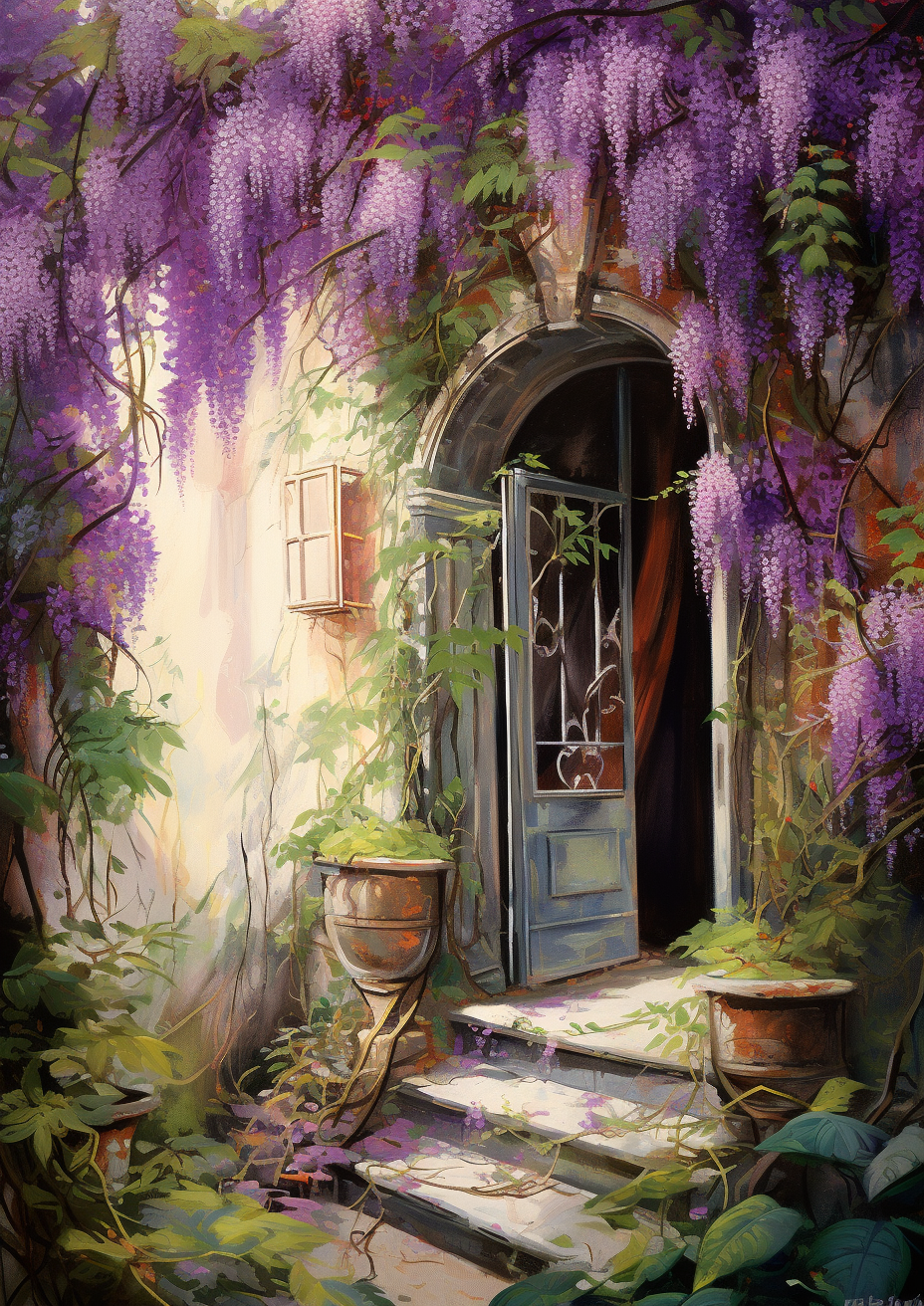 Old World Doorway in Lucca Italy with Wisteria and Vines