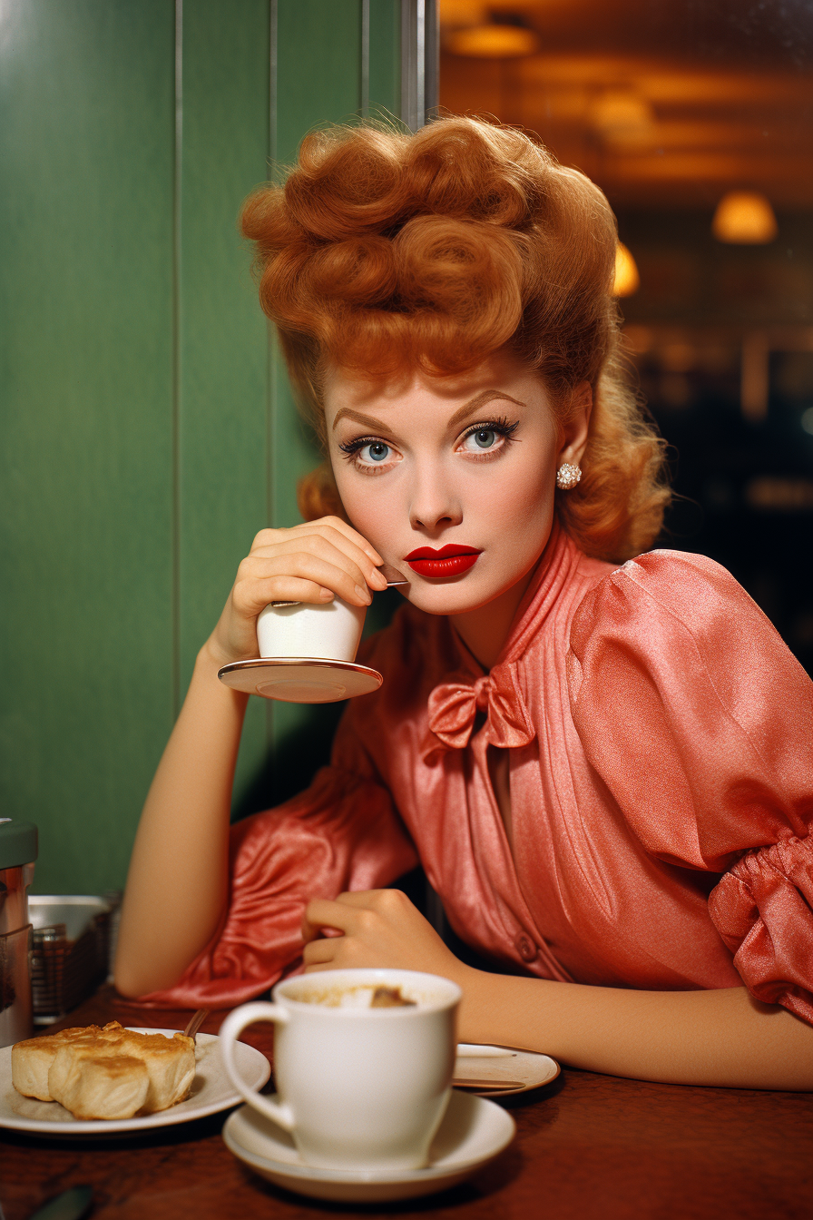 Lucille Ball enjoying coffee in a 1950's diner