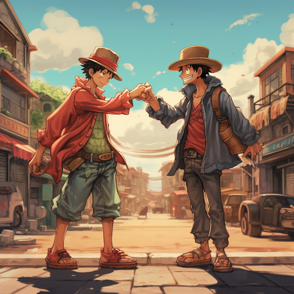 Dynamic fist bump between Luffy and Jotaro