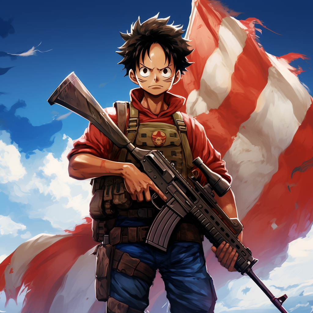 Luffy standing with an M16 rifle