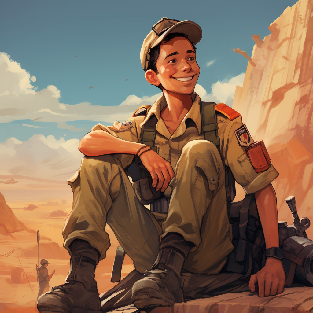 Luffy sitting with Israeli soldiers anime style