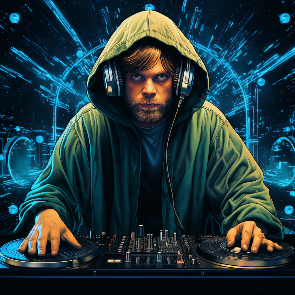 Luke Skywalker wearing a DJ hood