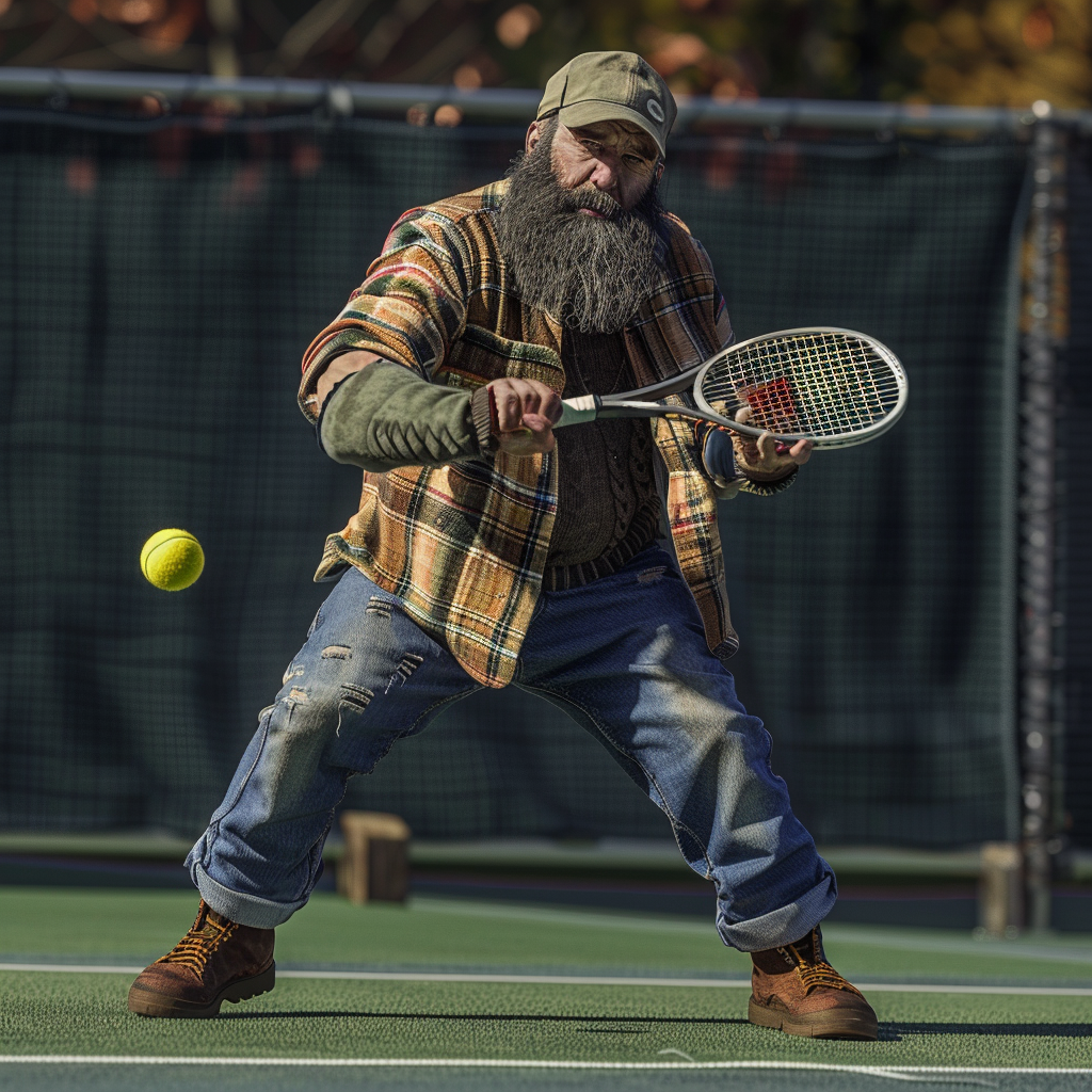 Lumberjack serving tennis ball on grass court