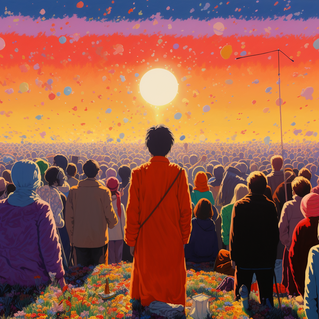 Luminous giant crowd meeting artwork