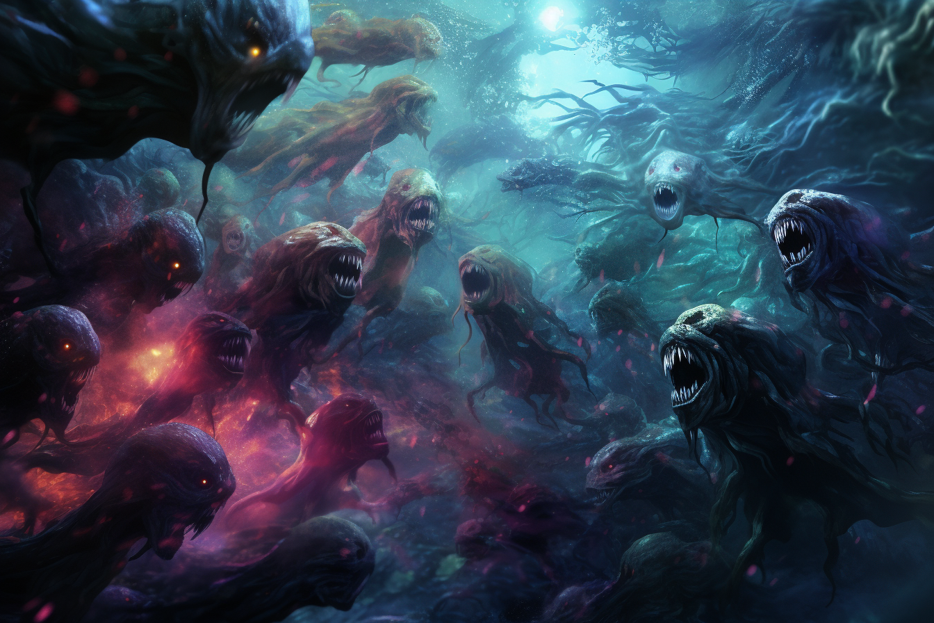 Colorful luminous scary underwater monsters