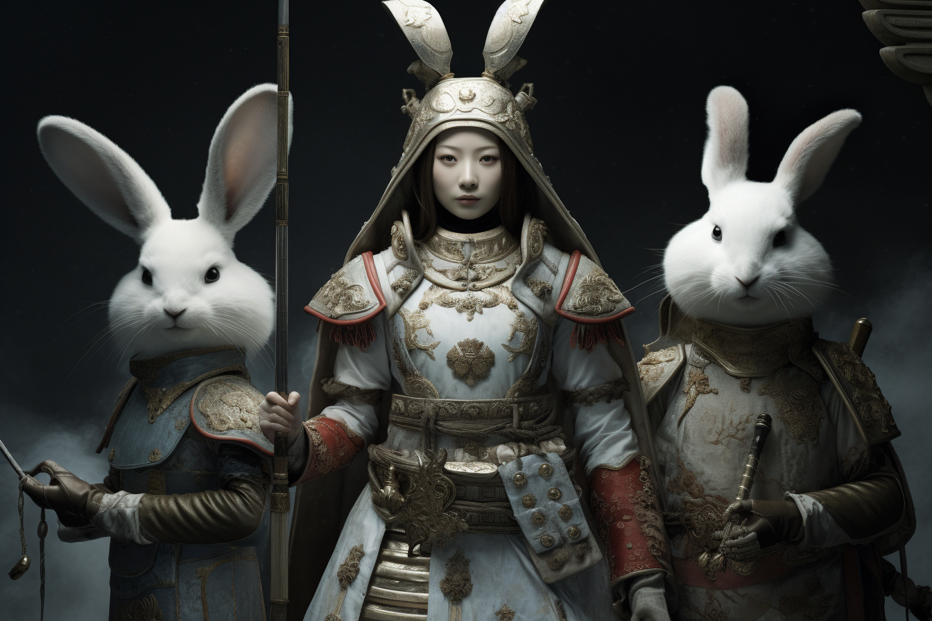 Elegant woman, Chinese general, and adorable rabbit