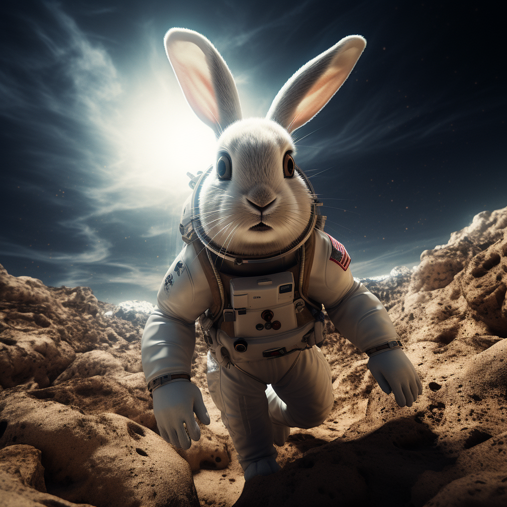 Cute bunny rabbit in a spacesuit exploring the moon