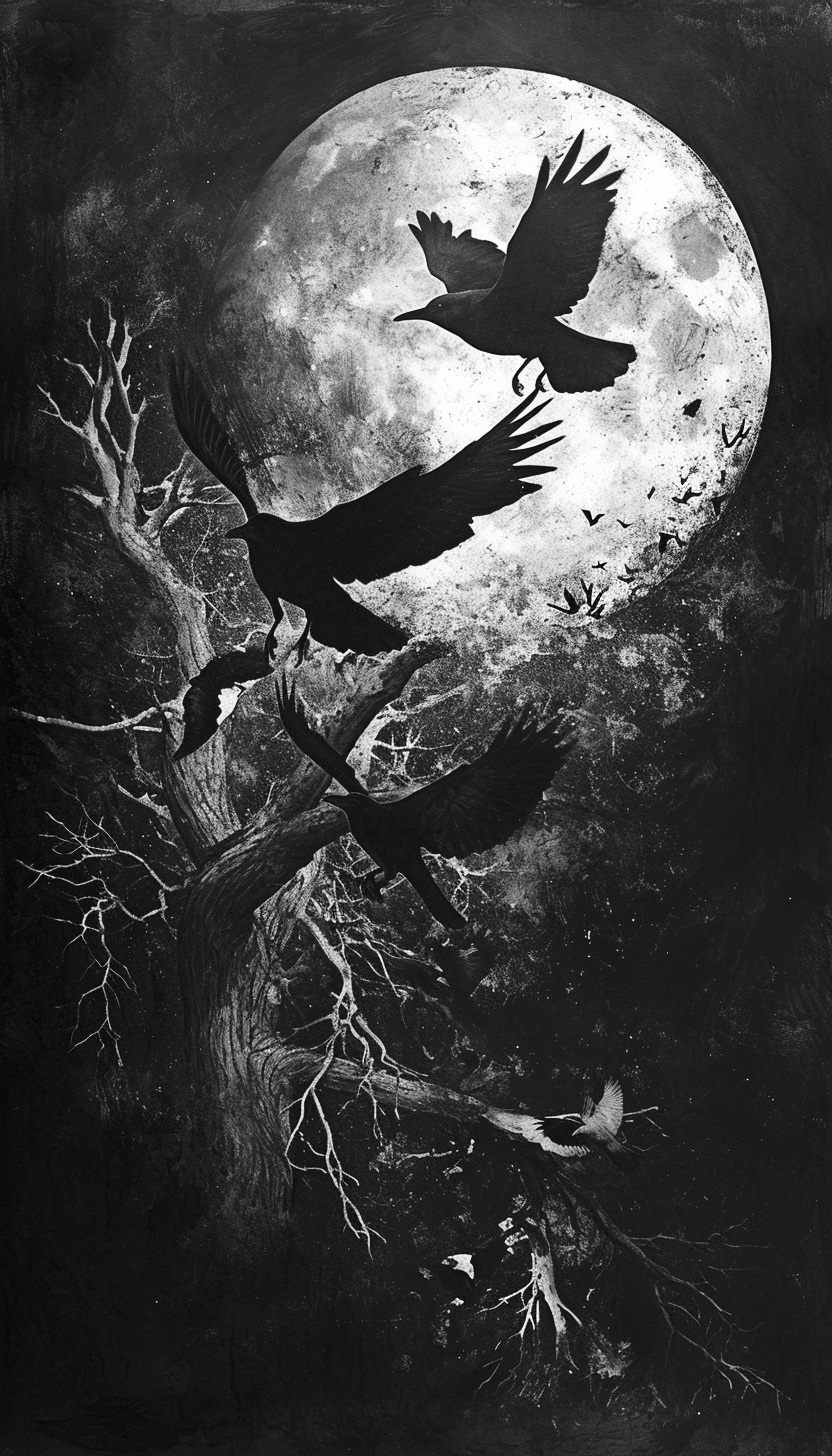 Lunar Flight Moonlit Crows Charcoal Sketch 3D Embroidered Pattern