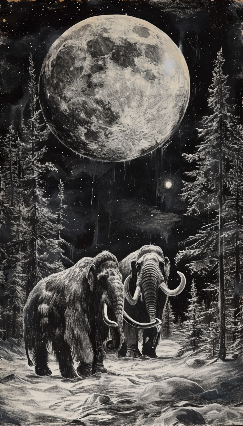 Lunar Lumber Moonlit Mammoths Charcoal Sketch 3D Embroidered