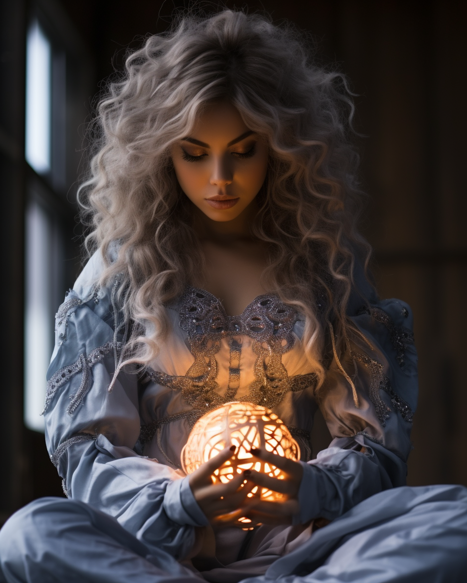 Mystical lunar priestess in silver-lit temple