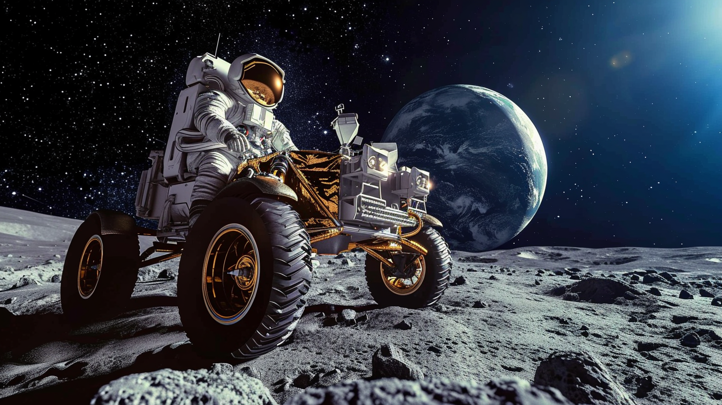 Astronaut driving lunar rover on moon surface