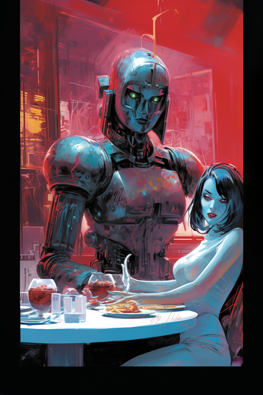 Smiling chrome robot waitress in lunar surface diner